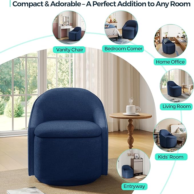 LINSY Swivel Accent Chair with Storage Comfy Chenille Barrel Chairs, Small 360 Swivel Modern Armchair for Living Room Bedroom, Boucle Reading Chair for Study Room (Blue)