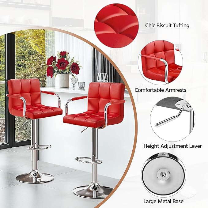 Yaheetech Bart Stools Set of 4, PU Leather Adjustable Barstools with Armrest, Counter Height Stool Chairs with Thickened Seat Cushion for Kitchen Island, Red