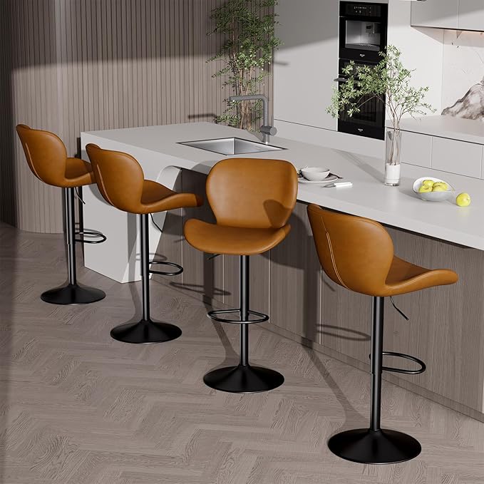 Nalupatio Swivel Bar Stools Set of 4,PU Leather Upholstered Barstools with Back & Footrest, Seat Adjustable Height 22.2-31IN Counter Height Bar Chairs for Bar Kitchen Island,Whiskey Brown