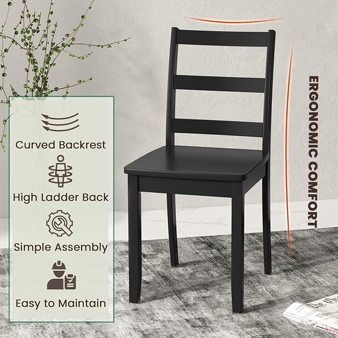 NAFORT Wood Dining Chairs Set of 2 Black, Armless Kitchen Chairs with Solid Rubber Wood Legs, Non-Slip Foot Pads, Max Load 400 Lbs, Farmhouse Seat High Ladder Back Dining Room Chairs