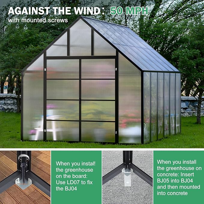 JULY'S SONG 10x12 FT Greenhouse for Outdoor, Large Easy Assembly Heavy Duty Polycarbonate Panels Aluminum Frame Walk-in Green House with 2 Windows Wider Door for Garden Plants Outside