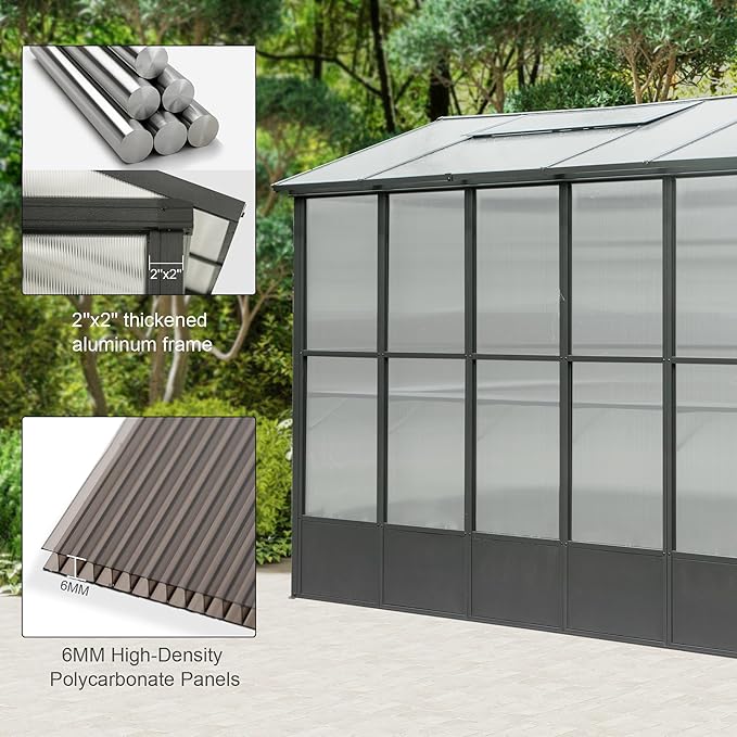Domi 8x10FT Polycarbonate Greenhouse with Automatic Vent, Extra Tall 8FT Walk-in Aluminum Frame, Weather-Resistant Green House with Shelves & Hooks for Outdoor Garden, Backyard, Dark Grey