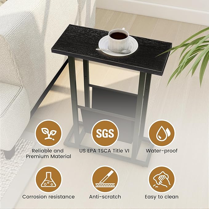 Narrow Side Table with PU Leather Magazine Holder Rustic Slim Little Thin Table for Living Room, Bedroom, Sofa, Black