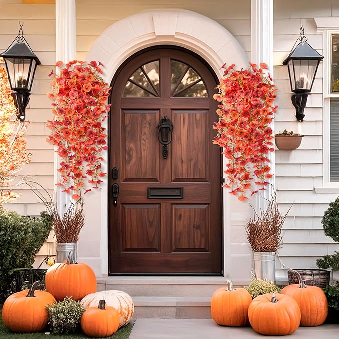 Artificial Fall Flowers for Outdoor, 4 Pcs Faux Pansy Fake Mums Plant Hanging Flowers Outdoor Fall Decor, UV Resistant Silk Flower for Front Door Porch Planter Patio Yard Garden(Orange Autumn Red)