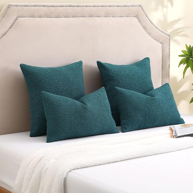 FUTEI Pack of 2 Teal Green Decorative Throw Pillow Covers 22x22 Inch Soft Cozy Solid Boucle Textured Cushion Case,Modern Home Decor for Couch Bed Living Room