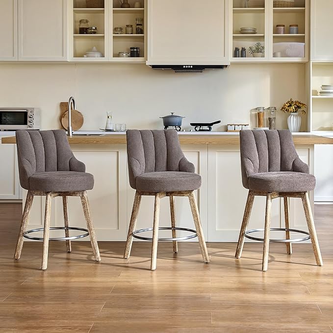 IWOOD Counter Height Bar Stools,Swivel Bar Stools with Backs,Barstools Set of 3,26'' Solid Wood Legs,Thick Seat Upholstered Linen Fabric Counter Height Stools in Grey