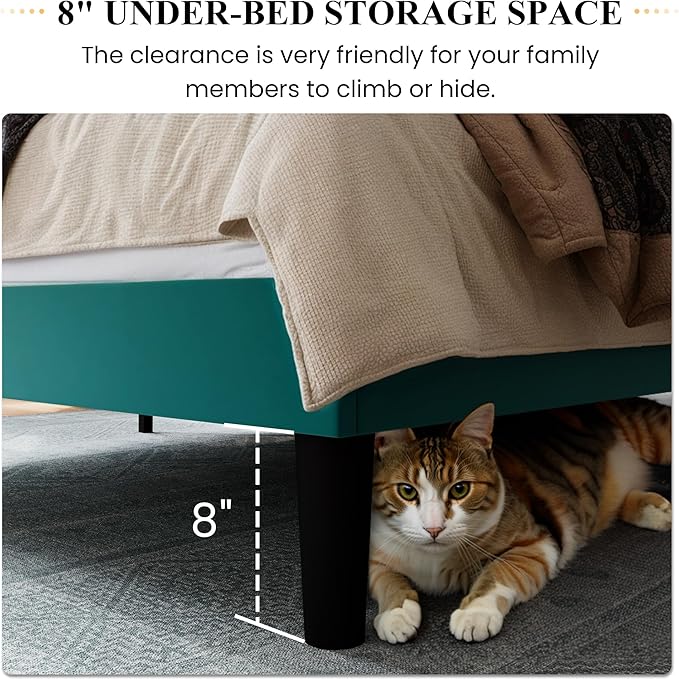 SHA CERLIN Queen Size Velvet Bed Frame with Vertical Channel Tufted Wingback Headboard, Upholstered Platform Bed with Wood Slats, No Box Spring Needed, Easy Assembly, Teal