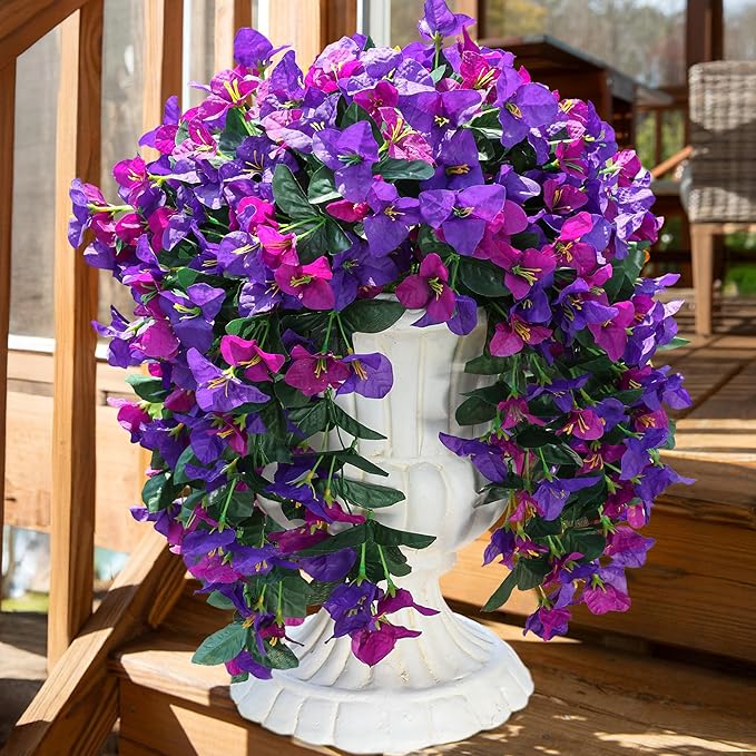 Bougainvillea Artificial Hanging Flowers Plants for Outdoors Decoration, 2pcs Fake Flowers Silk Bougainvillea Vines Realistic UV Resistant Faux Flowers for Outdoor Planters Porch Patio, Mix