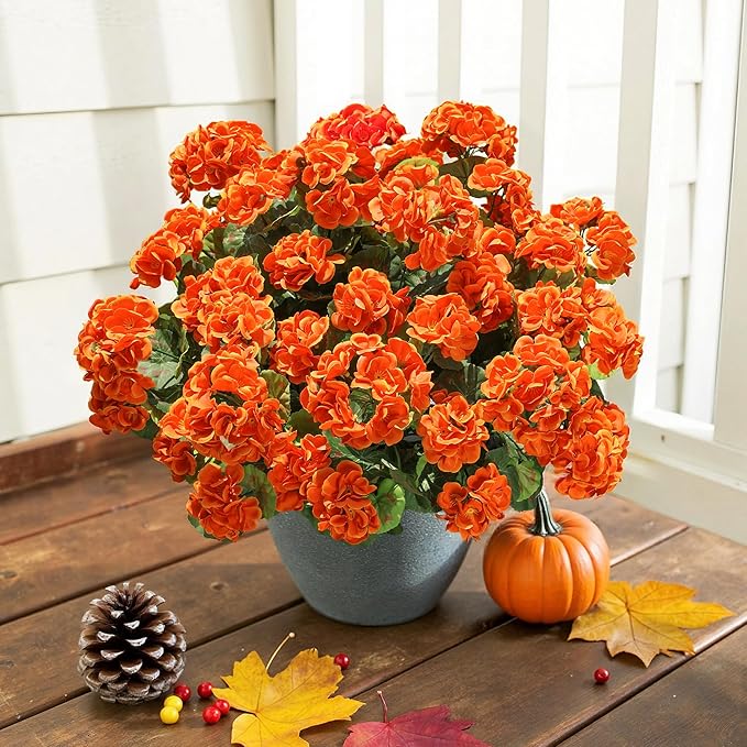 Fake Geraniums Artificial Flowers for Outdoors Fall Autumn Decoration, 6 Bundles Silk Geraniums UV Resistant Look Real Orange Faux Flowers Plants for Front Door Garden Planter Patio Balcony Yard Home