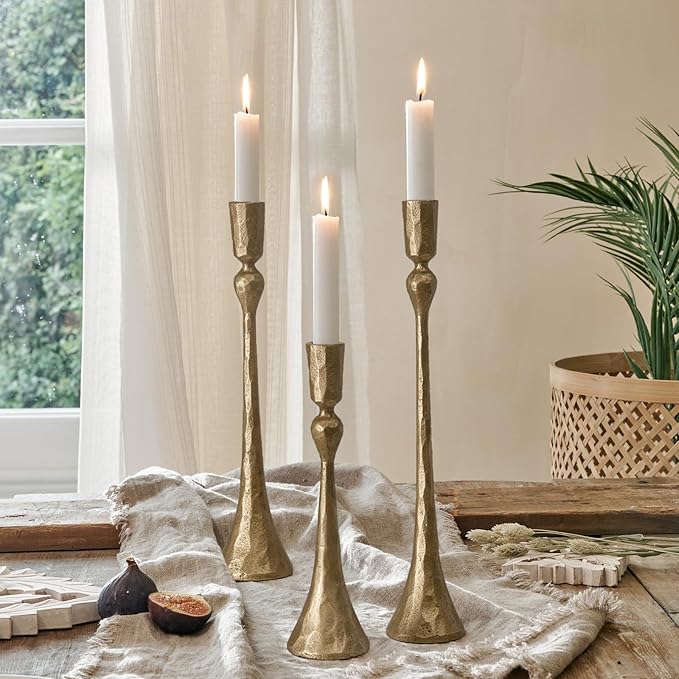 Vintage Cast Iron Taper Candle Holder - Set of 3 Decorative Candle Stand, Candlestick Holder for Wedding, Dinning, Party (Antique Brass)