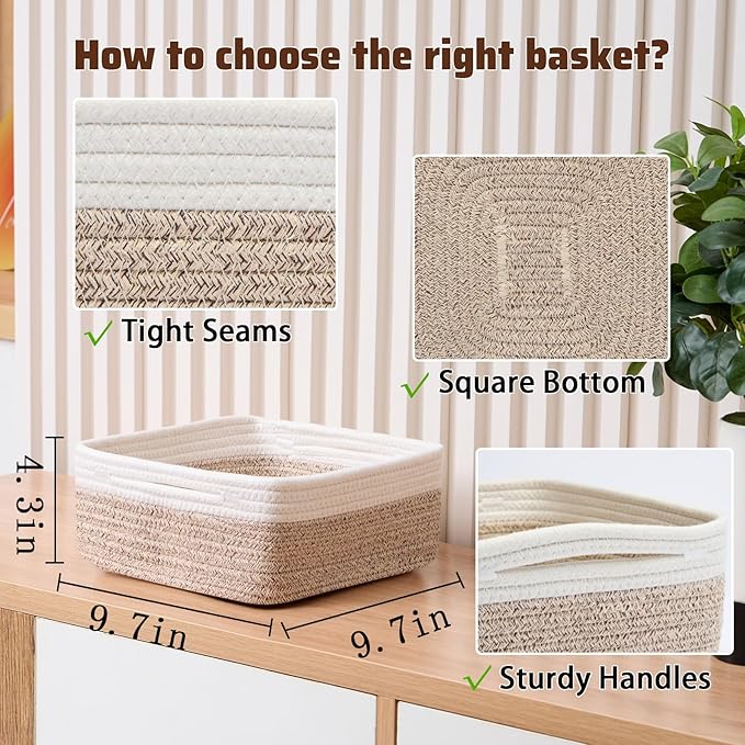 Small Square Shallow Baskets for Organizing, 9.7x9.7x4.3 Inch Rope Woven Storage Bins for Cubes Closet, Shelves Storage, Boho Decorative Basket, 2 Packs Off White Brown