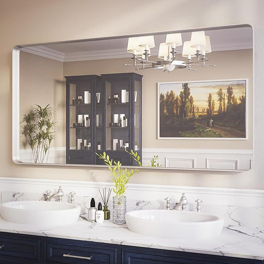 ISKM Silver Framed Mirror for Bathroom 60" x 30" Matte Bathroom Vanity Mirror Anti-Rust, Tempered Glass, Rounded Rectangle Mirror(Horizontal/Vertical)