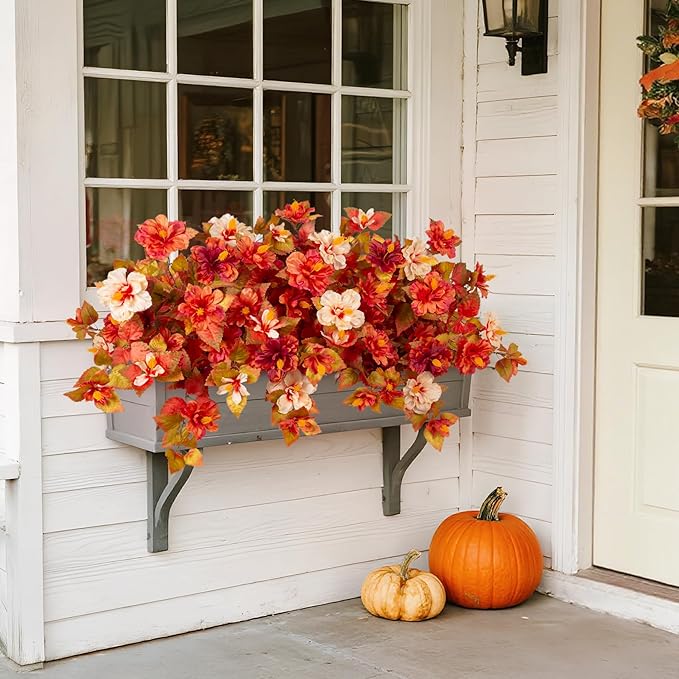Fake Fall Flowers Artificial for Outdoors Decoration, 2PCS Faux Fall Flowers for Outdoor Planters, Autumn Hibiscus UV Resistant No Fade for Home Porch Patio Garden Balcony Yard Indoor Decor