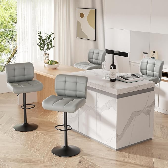 Modern Bar Stools Set of 5, Faux Leather Upholstered Swivel Bar Stools, Adjustable Counter Height Bar Chairs with High Back and Footrest for Kitchen Island (Light Grey)