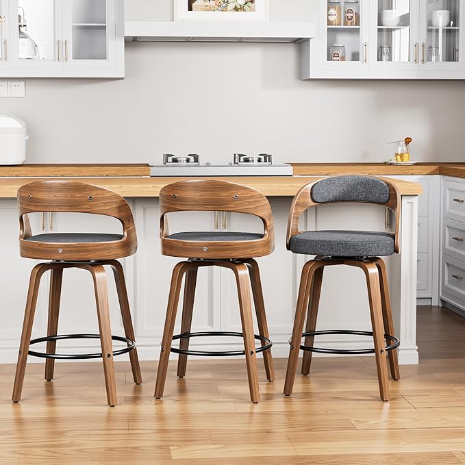 Swivel Bar Stools Set of 4, 26" Upholstered Linen Fabric Barstools with Bentwood Legs, Mid Century Modern Counter Height Bar Stools with Back for Kitchen Island, Dining Room, Grey
