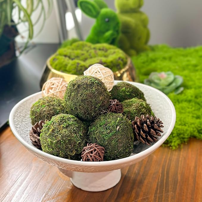 NAHARO Elegant White Ceramic Bowl with Moss Ball Set-10 Decorative Bowl with 16pc Decorative Balls for Farmhouse Table Centerpiece, Living Room or Home Decor