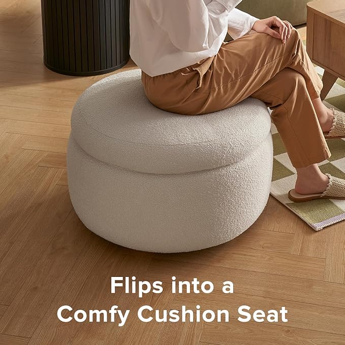 mopio Luna Round Ottoman with Storage and Tray, Round Coffee Table with Storage, Upholstered Foot Stools Ottoman for Living Room, Bedroom, with Solid Rubberwood Legs (Pearl White Performance Boucle)
