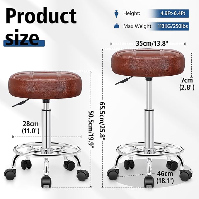 Rolling Stool with Wheels, PU Leather Small Office Chair with Foot Rest,Versatile Adjustable Swivel Stool for Tattoo Massage Salon Spa Teach Medical Facial Office Home Work Kitchen