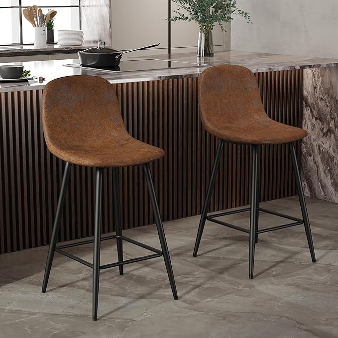 Modern Bar Stools Set of 2,Brown Techno-Fabric Counter Height Bar Stools,24.6" Bar Chairs with Back Metal Footrest,Modern Counter Stool with Back and Footrest for Kitchen Island Restaurants Pubs
