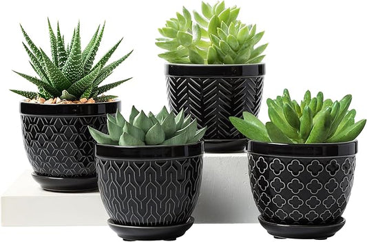 Sureasy Ceramic Plant Pots, 4.7 Inch Flower Pots for Indoor Plants, Succulent Pots with Saucer and Drainage Hole, Decorative Planter for Succulent, Cactus, Set of 4, Black