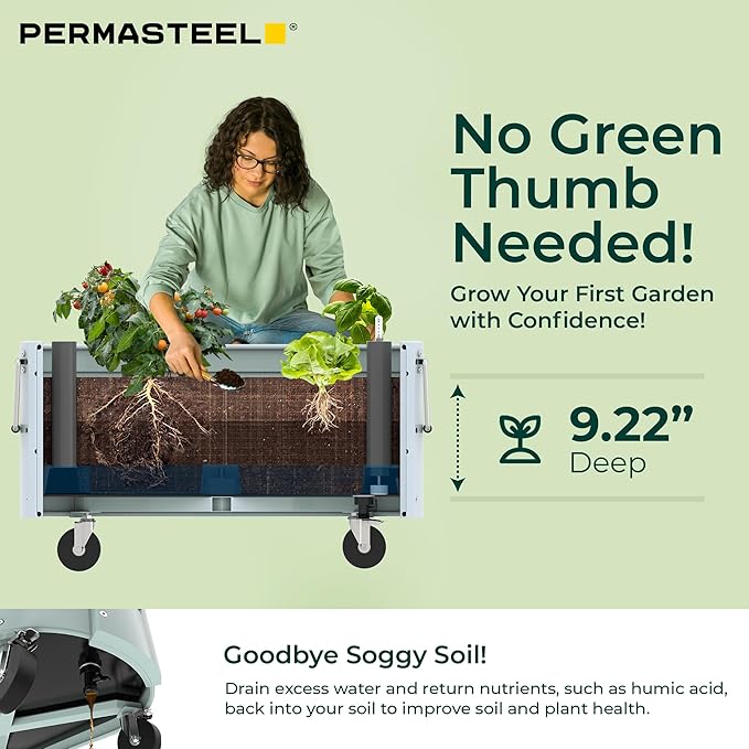 Permasteel Self-Watering Garden Bed, Rolling Planter for Vegetables, Flowers, Herbs, and Fruit, Outdoor Indoor, Caster Wheels, Blue