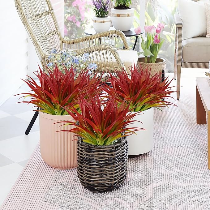 8Pcs Artificial Grass Plant Fake Outdoor Plastic Plants UV Resistant Faux Grasses Greenery Shrubs for Window Box Garden Patio Porch Home Decor Rose Red