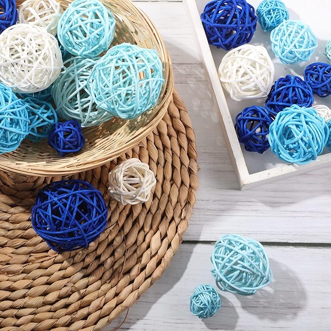 Patelai 36 Pcs Wicker Rattan Balls Decorative Balls for Vase Centerpiece Bowls Orbs Filler for Home Decor,4 Sizes(White, Blue Series)