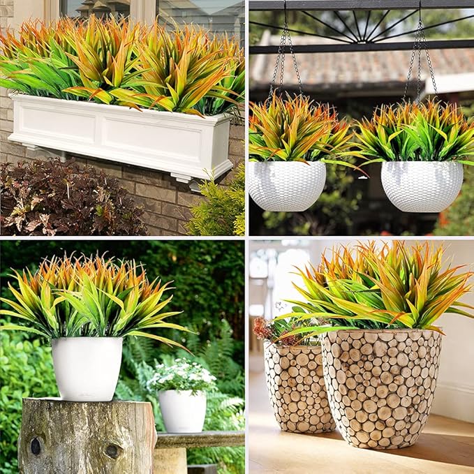 CLONG Artificial Fake Grass Plants Faux Grass Outdoor UV Resistant Fake Bushes Artificial Shrubs Plastic Plant (16, Orange and Green)