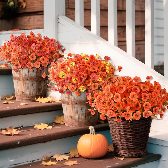 Artificial Fall Flowers for Outdoor, 12 Bundles Faux Pansy Fake Mums Flowers Plants Outdoor Fall Decor, UV Resistant No Fade Silk Flower for Autumn Porch Planter Patio Windowbox Yard Garden(Orange)
