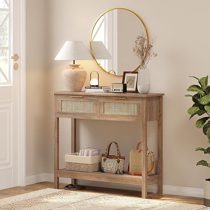 Farmhouse Rattan Console Table with 2 Drawers 2 Tier Boho Narrow Long Sofa Table Natural with Open Storage Shelf Wood Entryway Table for Living Room Hallway Foyer
