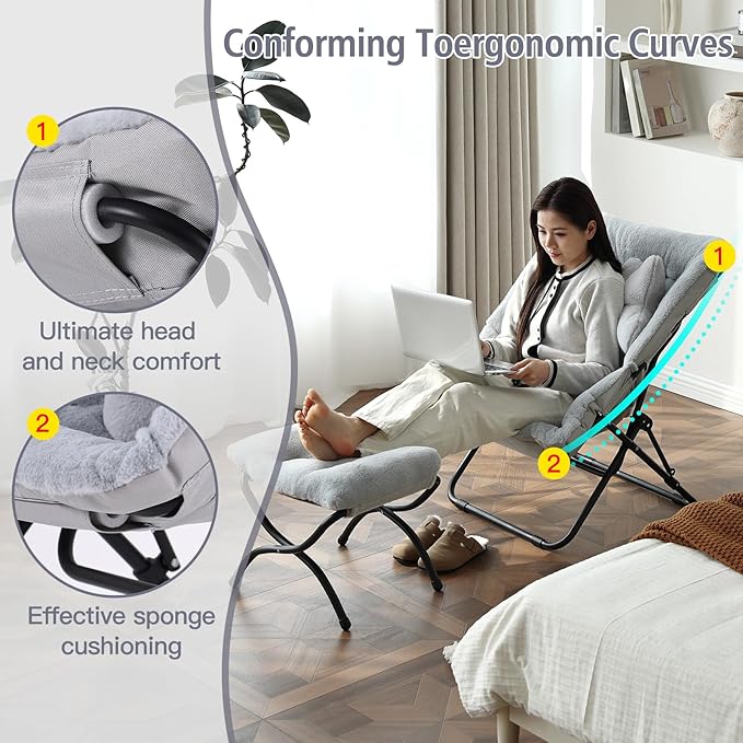 Welnow Comfy Saucer Chair with Ottoman, Oversized Folding Reading Chair for Adults with Throw Pillow Soft Faux Fur Lounge Chair for Bedroom Furry Accent Chair for Living Room, Dorm Rooms, Grey