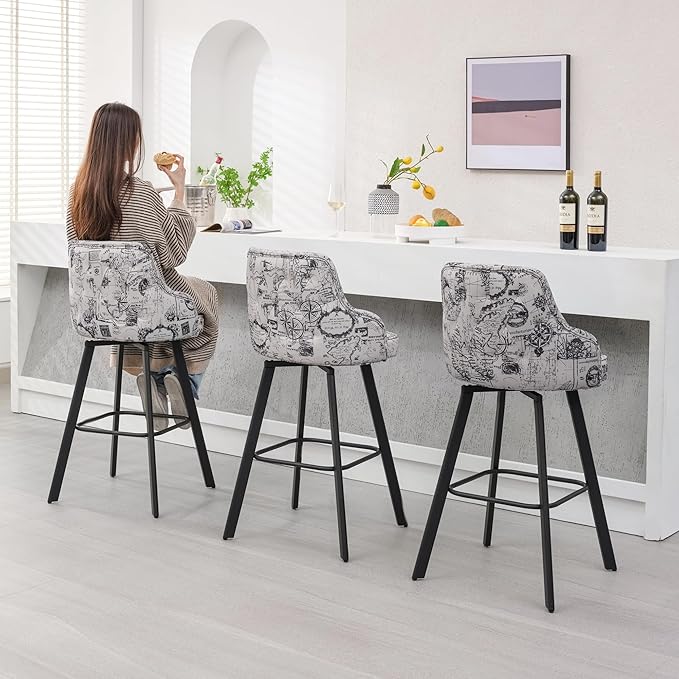 Bar Stools Set of 3, 30" Swivel Bar Height Bar Stools with High Back, Linen Kitchen Barstool Bar Height for Kitchen Island (Beige (Nautical Print), 3PCS 30" Bar Stool)