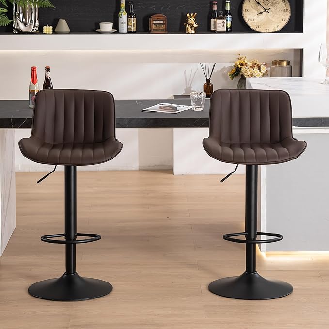 YOUNUOKE Counter Height Bar Stools Set of 2, Adjustable Swivel Stool Chairs with Back, Brown Faux Leather Upholstered, Mid-Century Modern Barstools for Kitchen Island, Dining Room, Home Bar, Bistro
