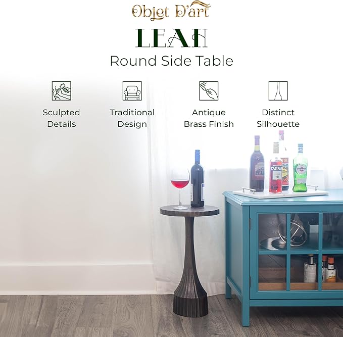 OBJET D'ART Small Round Gold End Table, Leah, 22" Height, Vintage Metal Accent, Side, Pedestal, Coctail and Drink Tables for Living Room and Small Spaces