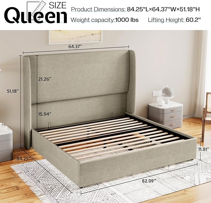 Jocisland Queen Size Bed Frame Lift Up Storage Bed Linen Upholstered Bed Frame with Hydraulic Storage/Wingback Headboard/No Box Spring Needed/Khaki