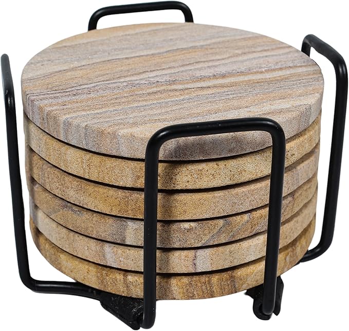 Sandstone Water Absorbent Hand Crafted Round Coasters for Drinks - 4 Inches Wide Thirsty Stone Bar/Drink Coasters- Made from Rainbow Sandstone (Set of 6 with Holder)