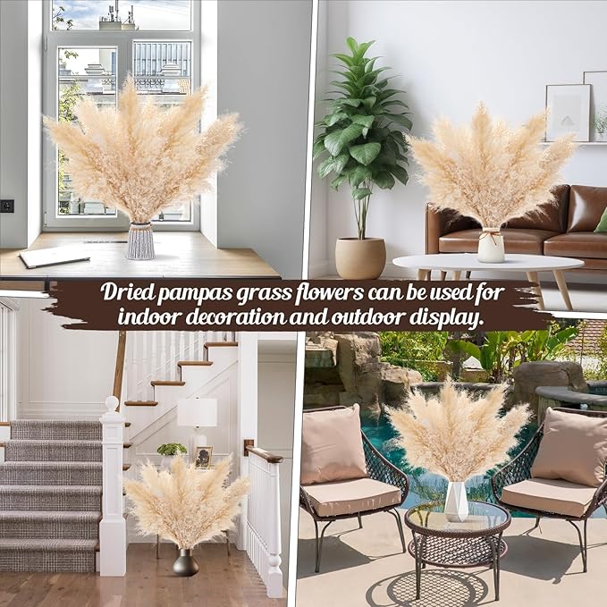 12 PCS 17inch Pampas Grass Decor-Natural Pompas Grass Floral-Short Fluffy Pampas Grass Bulk Flower for Small Boho vases,Boho Table Decor,Boho Bathroom Decor,Boho Room Decor
