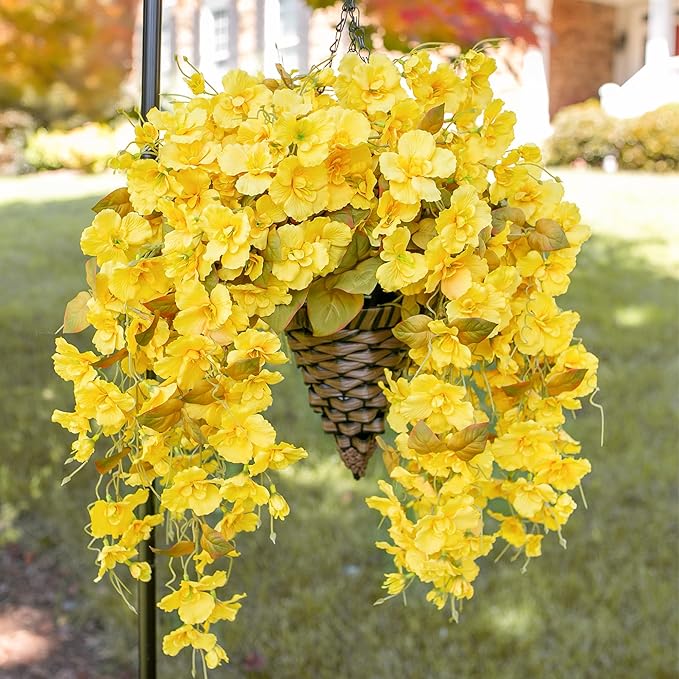 Artificial Fake Fall Hanging Flowers Plants Baskets for Outdoor Decoration, 5Pcs Faux Silk Hibiscus Long Vines in Planter UV Resistant Realistic Flower for Outside Home Porch Patio Garden, Fall Yellow