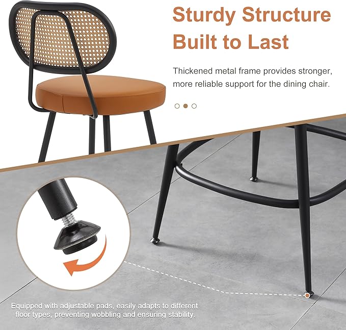 BFZ Counter Height Bar Stools Set of 4, 26" Seat Height Barstools with Rattan Back and Metal Legs, Upholstered Faux Leather Bar Chairs for Kitchen Island, Home Bar, Brown