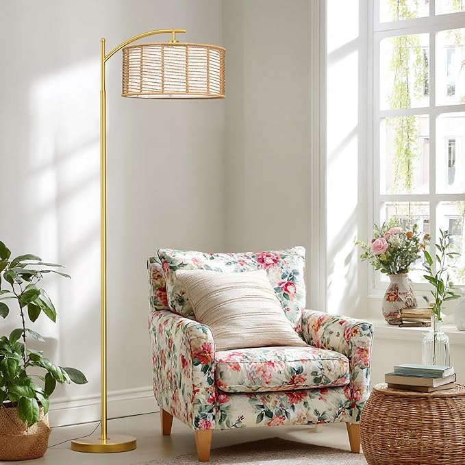 Oneach 62.5'' Gold Arc Floor Lamp for Living Room, Rattan Boho Floor Lamp with Remote and Dimmable Bulb, 3 Color Temperatures, Farmhouse Rustic Modern Standing Lamp for Bedroom Office Corner
