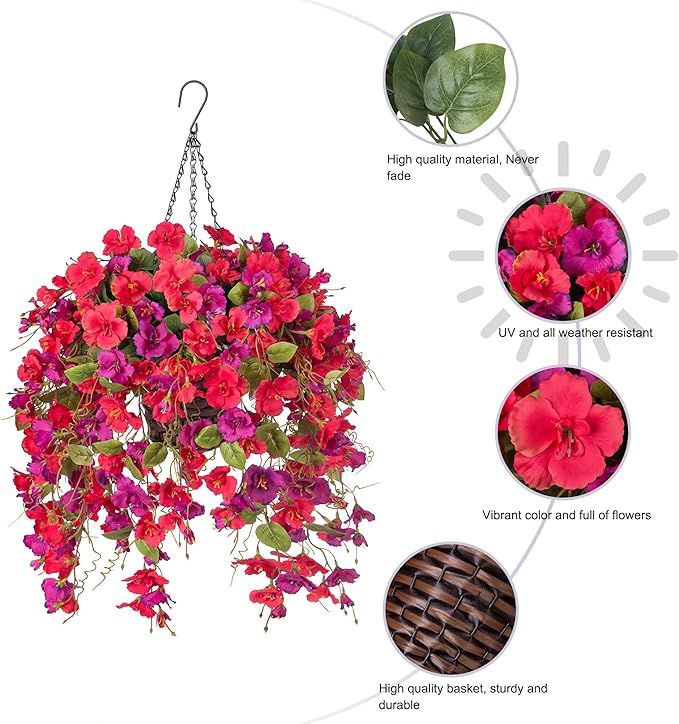 Artificial Fake Hibiscus Hanging Flowers Baskets for Outdoor Decoration, Faux Plants Silk Hibiscus Long Vines in Planter UV Resistant Realistic Flowers for Outside Porch Patio Home Decor, RedPurple
