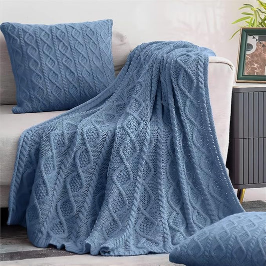 Homiest Dusty Blue Cable Knit Throw, 60 x 80 Inch, Lightweight Acrylic Knitted Blanket with Diamond Texture, Soft & Cozy for Couch, Bed, Sofa