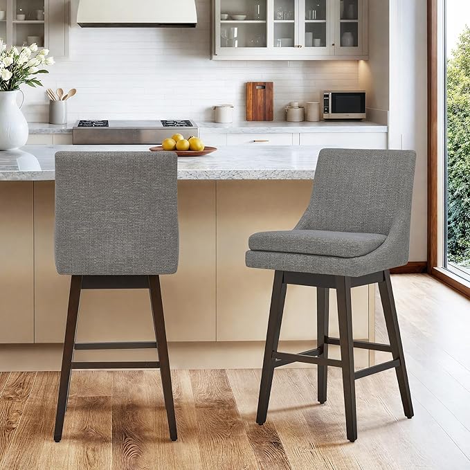 CHITA Bar Height Swivel Barstool with Back Set of 2, FSC Certified Upholstered Bar Stool, 30.7" H Seat Height, Fabric in Fog