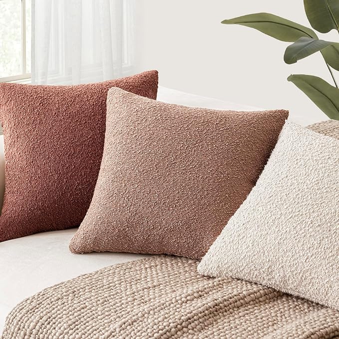 Foindtower Pack of 2, Decorative Textured Boucle Throw Pillow Covers Accent Solid Pillow Cases Soft Cozy Couch Cushion Case for Chair Sofa Bedroom Living Room Home Decor 16x16 Inch Orange Rust Red