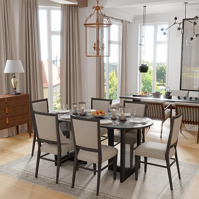 Casaphoria 67" Dining Table for 6, Wood Kitchen Table with Scratch-Resistant Top & Rattan Base, Modern Farmhouse Oval Dining Table for Living Room, Kitchen, Easy Assembly, Black