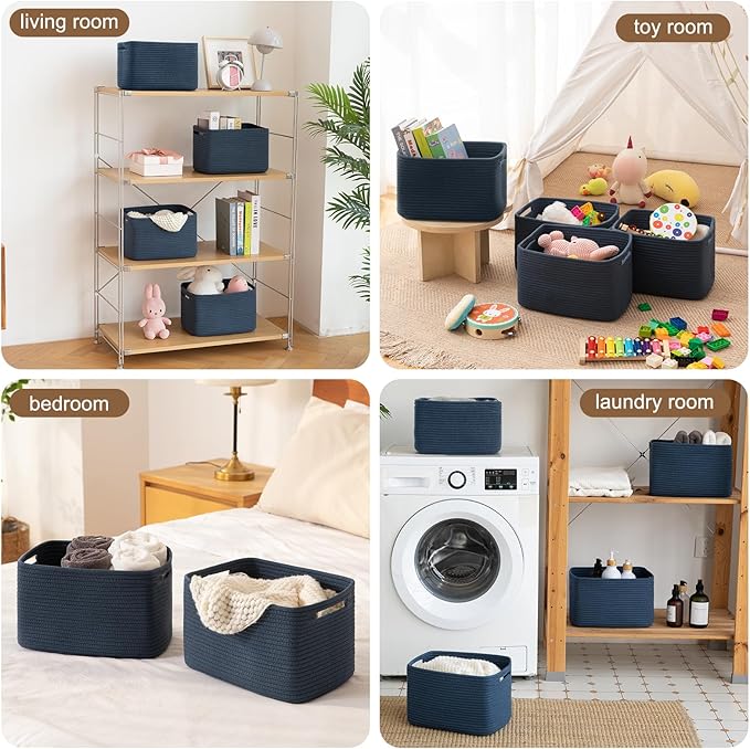 Storage Baskets for Organizing, Woven Decorative Baskets for Shelves - Books, Towels, and Clothes, Cotton Rope Toy Storage Bins, 12.7''Lx9''Wx7.8''H, Pack of 4, Blue