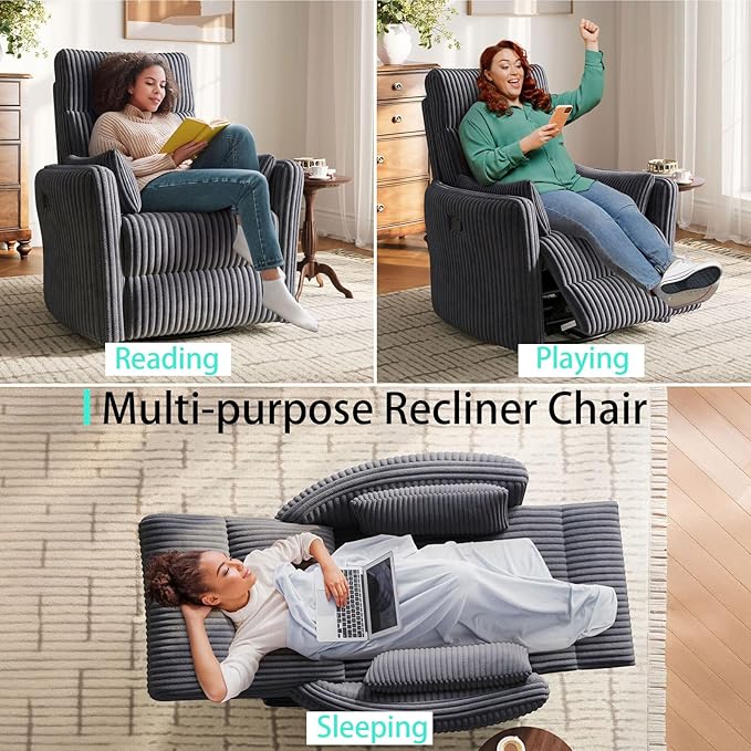LINSY 360 Swivel Nursery Recliner - Corduroy Glider Rocking Chair with 2 Pillows, Comfy High Back Adult Recliner for Small Spaces, Nursery Bedroom Living Room Reclining Chairs, Grey