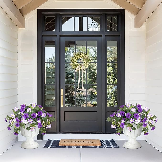 Artificial Fake Flowers Plants for Outdoor Decoration, 2PCS Faux Petunias Silk Flower UV Resistant No Fade Floral for Home Outside Garden Balcony Yard Porch Realistic Indoor Decor (Purple White)