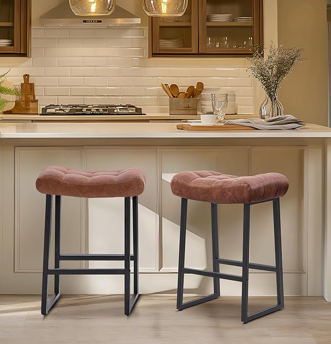 Modern Bar Stools Set of 2 for Kitchen Counter 24 inch Counter Height Backless Barstools with Upholstered Faux Leather Saddle Seat and Metal Frame Industrial Bar Chairs, Brown
