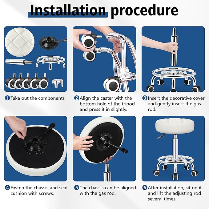 Rolling Stool with Wheels, PU Leather Small Office Chair with Foot Rest,Versatile Adjustable Swivel Stool for Tattoo Massage Salon Spa Teach Medical Facial Office Home Work Kitchen White